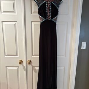 Rachel Allan Black Maxi Gown with Multicolor Beaded Accents